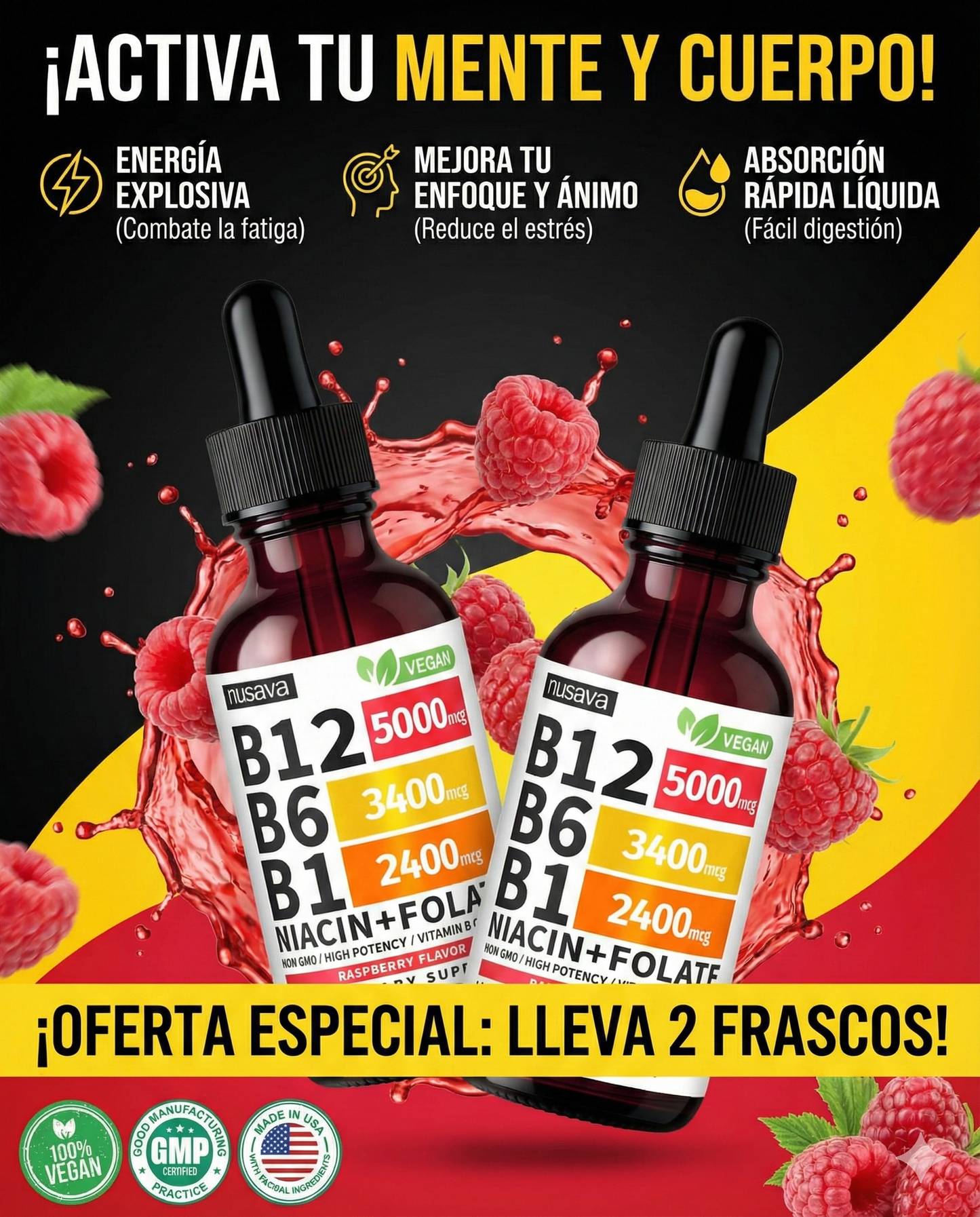 VITAMINA B12 - COMPLEJO B LÍQUIDO DE ALTA POTENCIA PARA ENERGÍA Y BIENESTAR